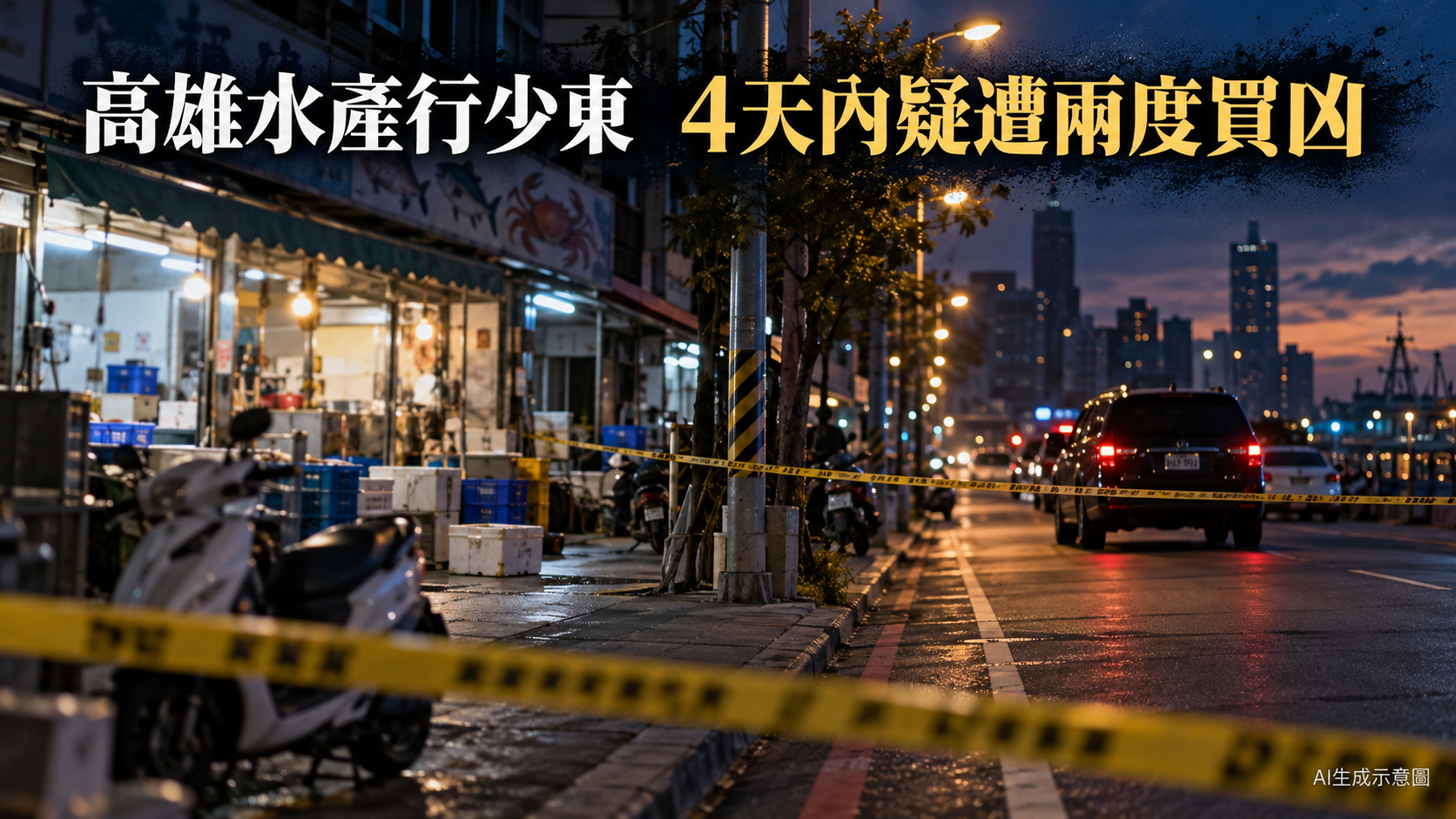 高雄街景與警方封鎖線示意圖；AI生成示意圖，非事件現場照片。