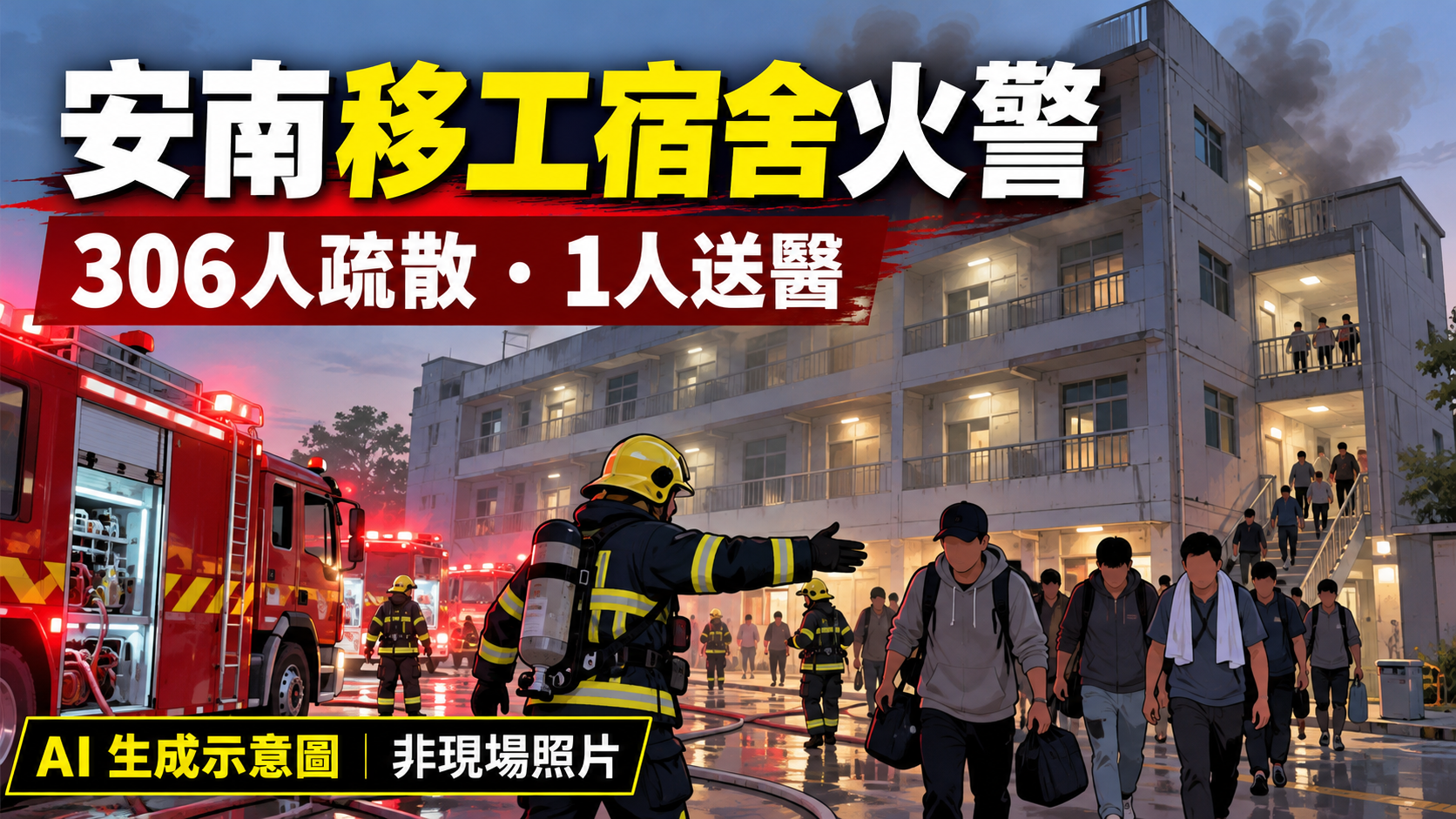 安南移工宿舍火警救援情境示意圖，AI生成示意圖