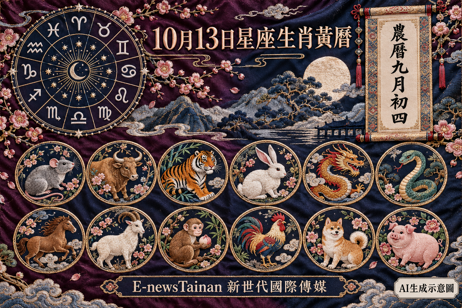 10月13日十二星座盤、十二生肖刺繡徽章與農曆九月初四黃曆，標註AI生成示意圖及E-newsTainan新世代國際傳媒