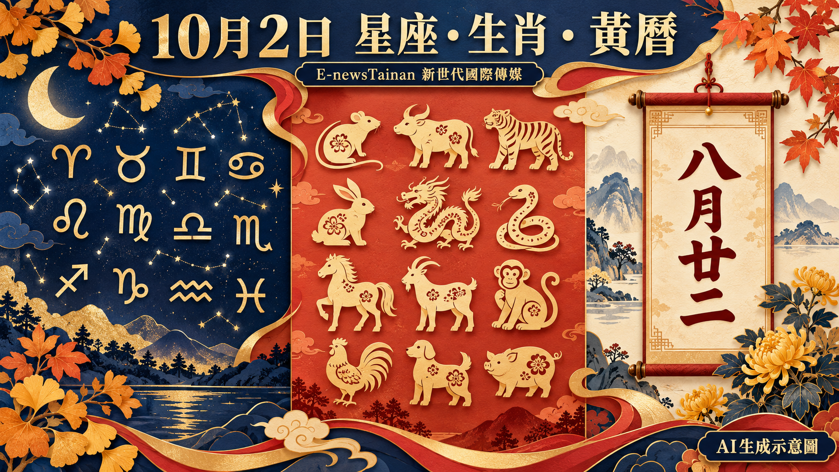 E-newsTainan新世代國際傳媒10月2日星座星圖、十二生肖剪紙及農曆八月廿二黃曆卷軸，AI生成示意圖