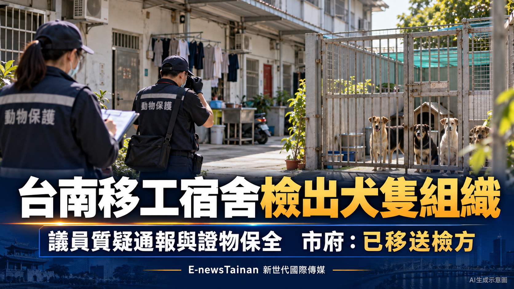 台南安南區移工宿舍疑涉犬隻組織案，動保人員記錄調查情形與安置犬隻；AI生成示意圖，非現場照片。