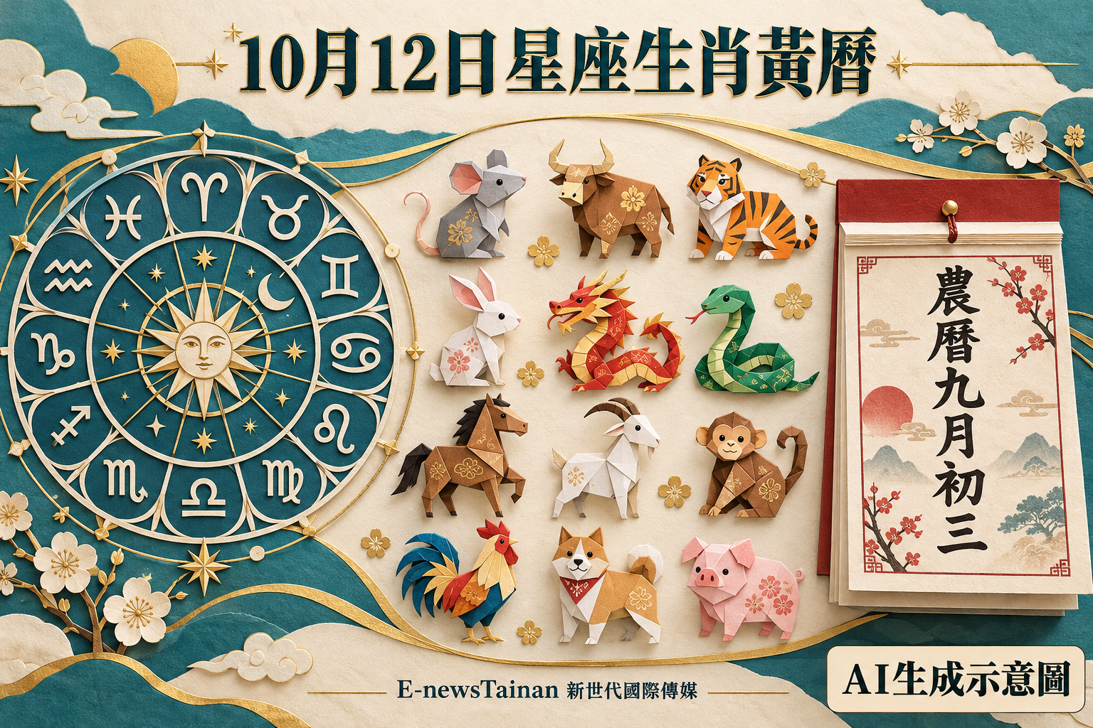 10月12日十二星座盤、十二生肖紙藝與農曆九月初三黃曆整合圖片，標註AI生成示意圖及E-newsTainan新世代國際傳媒