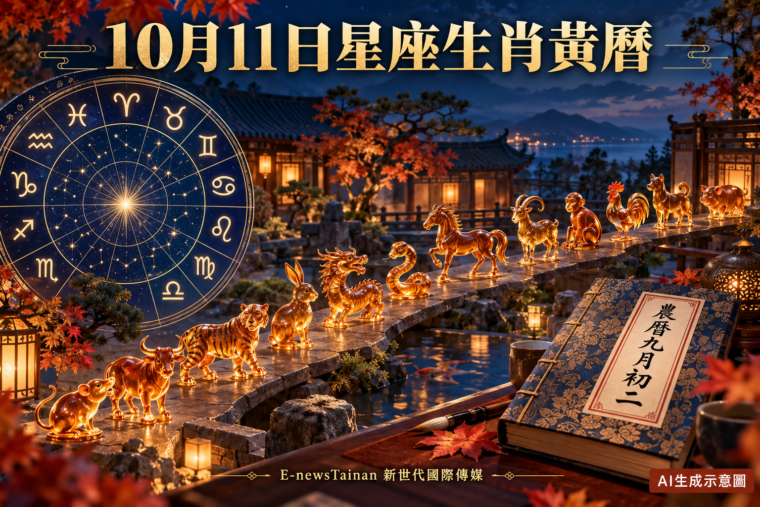 10月11日星座盤、十二生肖琥珀雕塑與農曆九月初二黃曆整合插畫，標註AI生成示意圖與E-newsTainan新世代國際傳媒