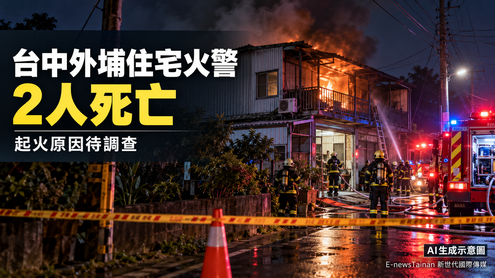 台中外埔鐵皮住宅火警造成兩人死亡，AI生成示意圖