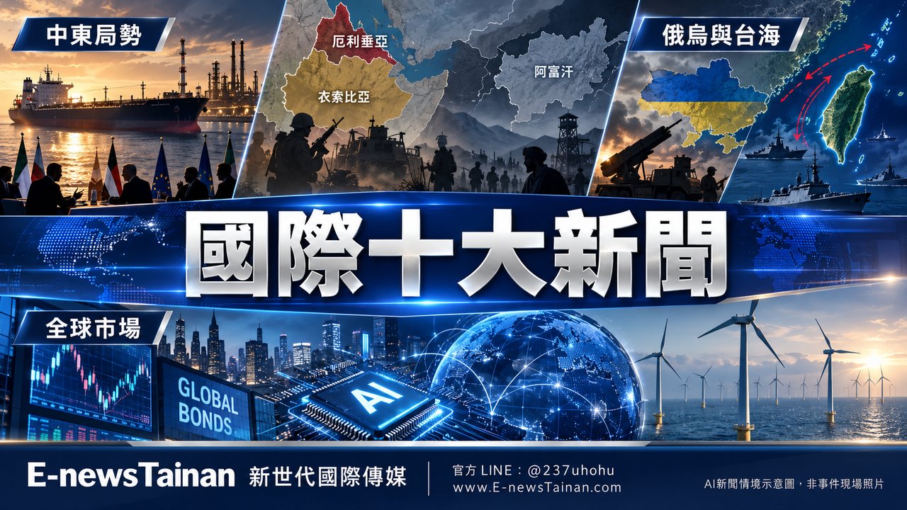 國際十大新聞 AI 新聞情境示意圖：中東、東非、俄烏與全球市場；非事件現場照片