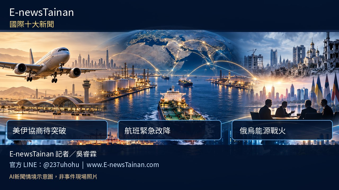 E-newsTainan 國際十大新聞 AI新聞情境示意圖：美伊協商、航班改降與俄烏能源戰火