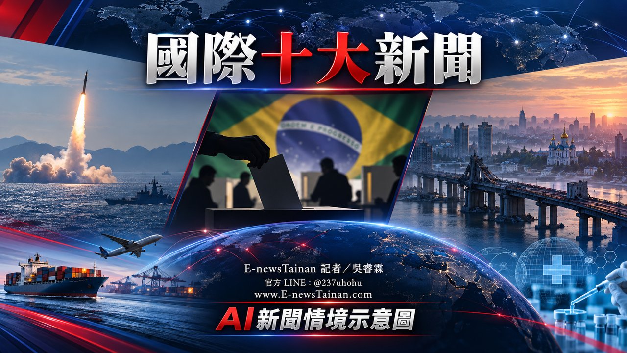 國際十大新聞AI新聞情境示意圖，含北韓飛彈、巴西選舉、烏克蘭橋梁