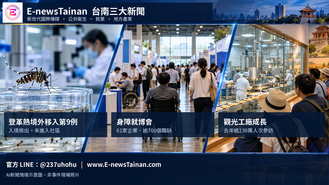 台南三大新聞：登革熱境外移入、善化身障就業博覽會與觀光工廠，AI新聞情境示意圖