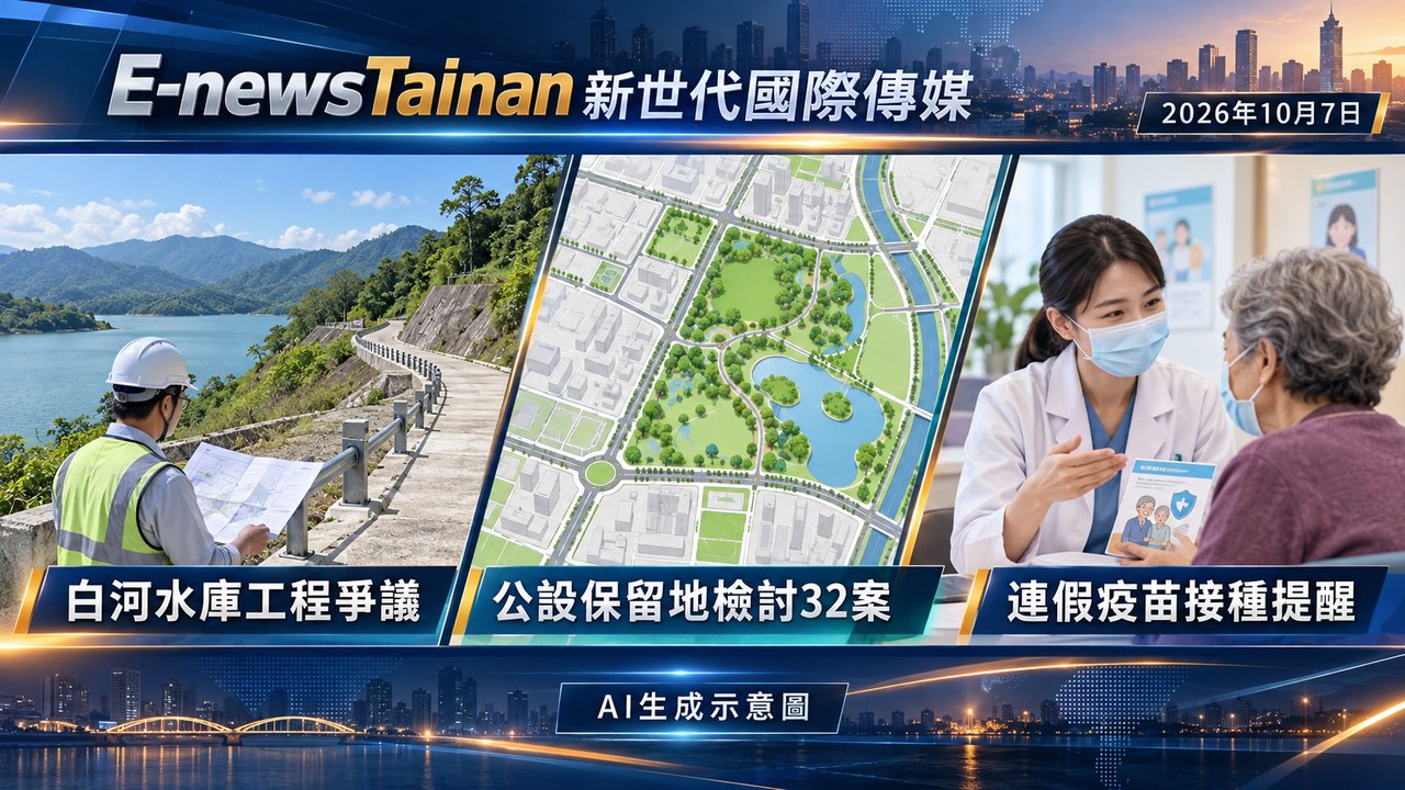 2026年10月7日台南三大新聞AI生成示意圖，涵蓋白河水庫工程爭議、公設保留地檢討及連假疫苗接種