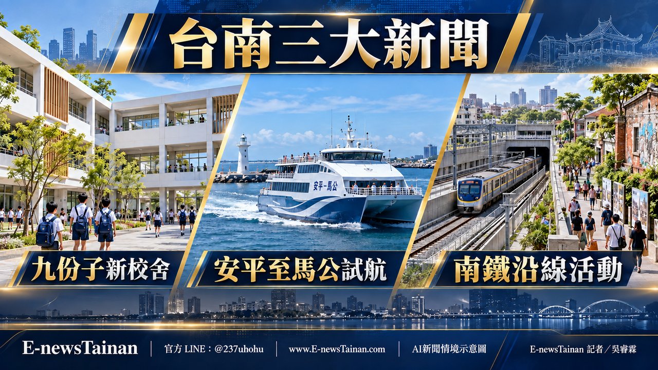 台南三大新聞AI情境示意圖：九份子新校舍、安平至馬公試航、南鐵沿線活動