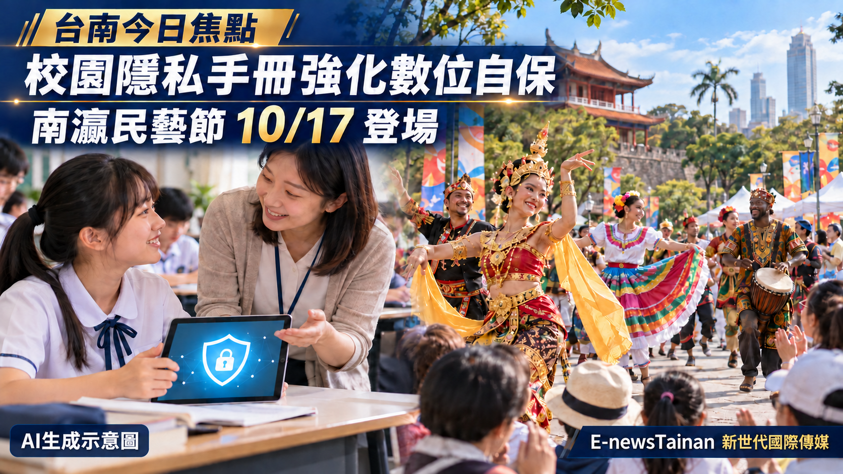 AI生成示意圖：台南校園數位隱私教育與南瀛民藝節活動，圖中含新聞標題及E-newsTainan公司標示