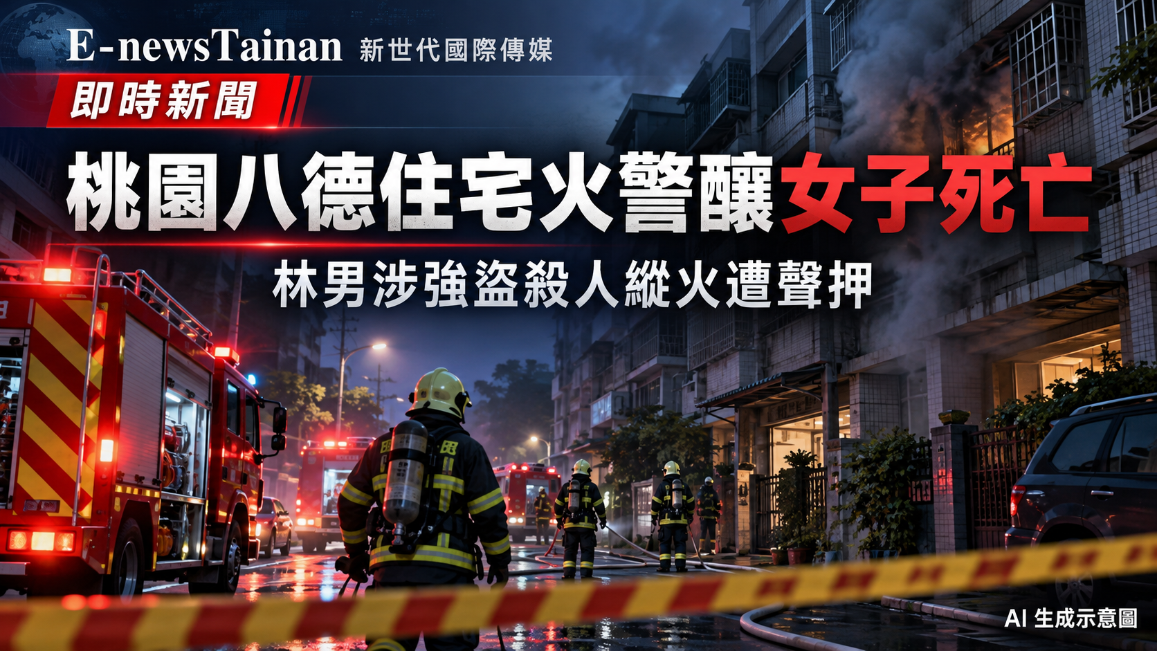 桃園八德住宅火警新聞封面，消防救援場景為AI生成示意圖，非事故現場照片。